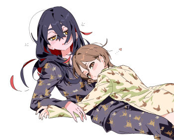 2girls 5oh5s2 black_hair blush brown_eyes brown_hair carmine_(pokemon) colored_inner_hair crossed_bangs eevee gen_1_pokemon gen_7_pokemon hair_between_eyes heart highres juliana_(pokemon) long_hair long_sleeves looking_at_viewer lying_on_another mimikyu multicolored_hair multiple_girls nintendo open_mouth pajamas pants pokemon pokemon_sv red_hair shirt simple_background two-tone_hair yellow_eyes