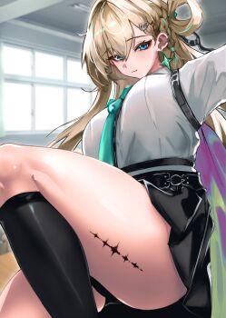 Rule 34 | 1girl, aqua necktie, bad id, bad pixiv id, black panties, black skirt, blonde hair, blue eyes, breasts, closed mouth, commentary, earrings, hair ornament, highres, indoors, jewelry, large breasts, long hair, looking at viewer, lynae (wuthering waves), necktie, panties, pantyshot, pstoo, shirt, shirt tucked in, skirt, skull hair ornament, smile, solo, star (symbol), star earrings, tacet mark (wuthering waves), thighs, underwear, white shirt, wuthering waves