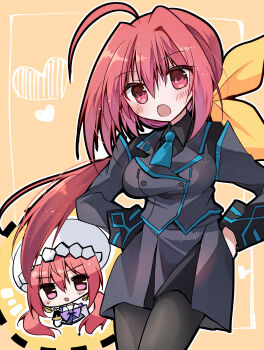 2girls absurdres ahoge black_pantyhose black_shirt blue_necktie blush bow breasts grey_jacket grey_skirt hair_intakes hakuryou_high_school_uniform hands_on_own_hips hat highres jacket juliet_sleeves kagami_sumika long_hair long_sleeves low_ponytail mameguri medium_breasts military_uniform multiple_girls muv-luv muv-luv_alternative muv-luv_girls_garden necktie pantyhose pico_(muv-luv_girls_garden) pink_eyes ponytail puffy_sleeves red_eyes red_hair school_uniform shirt skirt twintails un_uniform_(muv-luv) very_long_hair yellow_bow