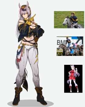 >:) 1girl abs absurdres animal_ears bare_shoulders black_hair boots breasts chain chautauqua_(racehorse) cleavage closed_mouth ear_covers full_body gloves gold_ship_(red_strife)_(umamusume) gold_ship_(umamusume) grey_hair hair_over_one_eye half-closed_eye hand_on_own_hip hat highres holding holding_chain horse_ears horse_girl horse_tail index_finger_raised large_breasts leggings long_hair looking_at_viewer midriff multicolored_hair original photo_inset reference_inset simple_background stomach tail tomatolover16 toned toned_female two-tone_hair umamusume v-shaped_eyebrows very_long_hair white_background white_leggings yellow_eyes