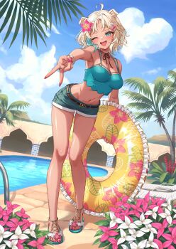 1girl absurdres ahoge animal_ear_fluff animal_ears aqua_eyes aqua_shirt aqua_streaks armpits artist_request blonde_hair blue_shorts blush breasts cleavage commentary_request day dog_ears dog_girl fingernails floral_print flower frilled_innertube frills full_body gyaru_v hair_flower hair_ornament hairclip hand_up heart-shaped_cloud highres indie_virtual_youtuber innertube large_breasts legs looking_at_viewer mole mole_under_eye mona_meria multicolored_hair nail_polish navel one_eye_closed open_mouth outdoors palm_tree parted_bangs pink_flower pink_nails pool print_innertube sandals second-party_source shirt short_hair short_shorts shorts sky sleeveless sleeveless_shirt smile solo stomach streaked_hair swim_ring toenail_polish toenails tree v virtual_youtuber white_flower