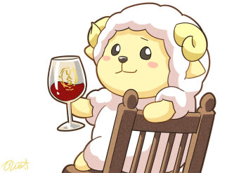 blush_stickers buru-dai chair commentary_request cup drinking_glass holding holding_cup hololive looking_back sheep signature sitting smile virtual_youtuber watamate wine_glass