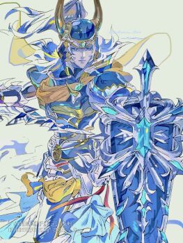 Rule 34 | 1boy, armor, blue armor, blue eyes, breastplate, closed mouth, dene tri, fake horns, faulds, feet out of frame, final fantasy, final fantasy i, helmet, highres, holding, holding shield, holding sword, holding weapon, horned helmet, horns, male focus, pauldrons, red scarf, scarf, shield, shoulder armor, solo, standing, sword, warrior of light (ff1), watermark, weapon, white hair