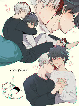 Rule 34 | 2boys, ^ ^, absurdres, alternate hair color, animalization, ankle boots, arm around neck, barefoot, black eyes, black hair, black outline, black pants, black shirt, blue eyes, blue pillow, blue streaks, boku no hero academia, boots, burn scar, cat, character name, chromatic aberration, closed eyes, closed mouth, commentary request, couple, crew neck, cropped head, cropped torso, embarrassed, eyes visible through hair, freckles, front-to-back, hair between eyes, hand up, happy, head down, head on another's shoulder, heart, heterochromia, highres, holding hands, hug, hug from behind, kiss, kissing head, kissing neck, knees up, leaning on person, leaning to the side, long sleeves, looking at another, looking back, looking to the side, loving aura, makuro, male focus, midoriya izuku, multicolored hair, multiple boys, multiple views, no-show socks, open mouth, outline, pants, parted lips, person and animalization, profile, red hair, sanpaku, scar, scar on face, sheep, shirt, short hair, side-by-side, sideways glance, sideways mouth, simple background, sitting between legs, sleeping animal, split-color hair, streaked hair, sweatdrop, t-shirt, todoroki shoto, translation request, two-tone hair, white hair, white pants, white shirt, yaoi, yellow background, zzz