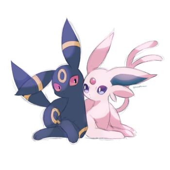 Rule 34 | animal focus, black eyes, colored sclera, espeon, gen 2 pokemon, lying, nintendo, no humans, pokemon, pokemon (creature), purple eyes, red sclera, simple background, sorashiramu, twitter username, umbreon, white background