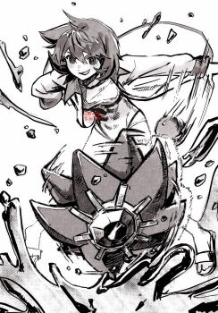 1girl 2erums breasts eyelashes gen_1_pokemon hair_between_eyes highres jacket long_sleeves looking_down misty_(pokemon) nintendo one-piece_swimsuit open_clothes open_jacket open_mouth pants poke_ball pokemon pokemon_gsc pokemon_hgss riding riding_pokemon rock sandals shirt short_hair smile starmie swimsuit water