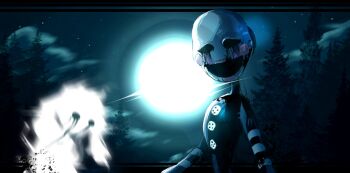 black_tears charlotte_emily commentary english_commentary five_nights_at_freddy&#039;s five_nights_at_freddy&#039;s_2_(2025_movie) ghost highres mask night night_sky pine_tree playcenter sky tears the_puppet_(fnaf) tree twintails