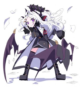 Rule 34 | 1girl, ahoge, armband, black coat, black gloves, black halo, black skirt, black thighhighs, blue archive, coat, coat on shoulders, commentary request, demon girl, demon horns, demon wings, dr yamero, full body, gloves, halo, highres, hina (blue archive), horns, long hair, looking at viewer, low wings, purple eyes, red armband, skirt, solo, standing, thighhighs, thighs, tongue, tongue out, very long hair, white hair, wings