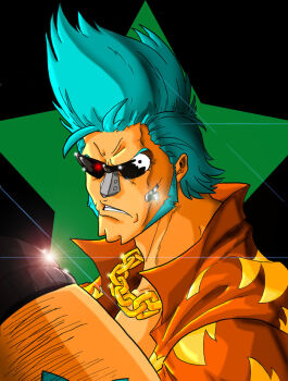 Rule 34 | 1boy, black eyes, blue hair, chain, chain necklace, clenched teeth, commentary, commentary request, cosplay, english commentary, facial hair, franky (one piece), glowing, glowing eye, hawaiian shirt, italian commentary, jewelry, long sideburns, looking at viewer, male focus, mixed-language commentary, necklace, one piece, open clothes, open shirt, shirt, short hair, short sleeves, sideburns, solo, spiked hair, sunglasses, t-800, t-800 (cosplay), teeth, terminator (series), the terminator, tursy