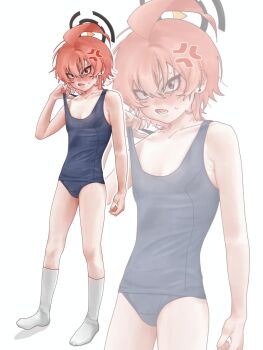 1girl ahoge alternate_costume anger_vein angry blue_archive blue_one-piece_swimsuit blush breasts cleavage clothes_pull embarrassed gocham halo huge_ahoge mole_under_each_eye mole_under_eye multiple_moles neru_(blue_archive) one-piece_swimsuit one-piece_swimsuit_pull open_mouth orange_hair red_eyes sanpaku school_uniform short_hair small_breasts socks solo standing sweat swimsuit white_background white_socks