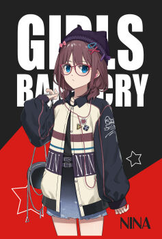 Rule 34 | 1girl, absurdres, alternate costume, animal hat, badge, beanie, black shirt, blue eyes, brown hair, button badge, cat hat, closed mouth, cowboy shot, cropped legs, earphones, girls band cry, glasses, hair ornament, hairclip, hand up, hat, headphones, highres, iseri nina, jacket, long sleeves, necktie, nuoweisenlin tongren gongzuoshi, pleated skirt, red-framed eyewear, shirt, skirt, sleeves past wrists, solo, star (symbol), two-tone background