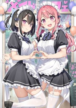 2girls alternate_costume apron balloon black_dress black_hair black_shoes blush breasts cafe closed_mouth commentary_request dress enmaided frilled_apron frills garter_belt hair_ornament hair_scrunchie heart heart_hands heart_hands_duo highres kantoku kurumi_(kantoku) leg_up long_hair looking_at_viewer maid maid_apron maid_headdress medium_hair menu_board multiple_girls one_side_up open_mouth original outdoors pink_eyes pink_hair purple_eyes scrunchie shizuku_(kantoku) shoes short_sleeves smile teeth thighhighs twintails upper_teeth_only white_apron white_garter_belt white_thighhighs