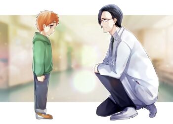 1046sstep_btoh 2boys black_hair bleach bleach:_epilogue blurry blurry_background child clenched_hand commentary_request denim glasses green_hoodie green_necktie hood hoodie ishida_uryuu jeans kurosaki_kazui lab_coat male_focus multiple_boys necktie on_one_knee orange_eyes orange_hair orange_shoes pants purple_eyes shoes smile