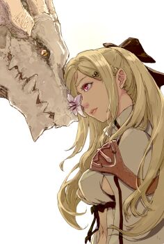 1girl black_ribbon blonde_hair breasts drag-on_dragoon drag-on_dragoon_3 dragon dress flower_in_eye hair_ribbon highres long_hair looking_at_another mikhail_(drag-on_dragoon) navel nutori_manga ribbon sideboob simple_background smile symbol_in_eye white_background white_dress zero_(drag-on_dragoon)