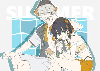 1boy 1girl bare_shoulders belle_(summer_skies)_(zenless_zone_zero) belle_(zenless_zone_zero) bikini bikini_bottom_under_shorts bikini_top_under_shirt bikini_under_clothes bingzhen_h2o blue_background blue_hair blue_wetsuit bracelet brother_and_sister bucket_hat checkered_background commentary_request crossed_bangs earrings eating english_text fish_hat food from_side green_eyes grey_background grey_hair hair_between_eyes hair_ornament hand_on_own_knee hat highres holding holding_food holding_popsicle holding_spoon ice_cream jewelry letter_hair_ornament looking_at_viewer midriff necklace off-shoulder_shirt off_shoulder official_alternate_costume orange_bikini orange_shorts popsicle see-through_clothes see-through_shirt shadow shirt short_hair shorts siblings sitting sphere_hair_ornament spoon summer swimsuit tied_shirt towel towel_around_neck two-tone_background wise_(peaceful_waves)_(zenless_zone_zero) wise_(zenless_zone_zero) zenless_zone_zero