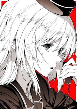 Rule 34 | 10s, 1girl, bonkara (sokuseki maou), commentary request, female focus, garrison cap, girls und panzer, hat, itsumi erika, jacket, kuromorimine military uniform, limited palette, looking at viewer, open mouth, red background, solo, upper body, walkie-talkie