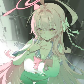 1girl absurdres ahoge blue_archive blue_sailor_collar blush bow bowtie braid breasts green_eyes groin hair_between_eyes hair_bow halo hanako_(blue_archive) highres large_breasts midriff panties pink_bow pink_bowtie pink_hair pink_halo pink_panties ribbon sailor_collar school_uniform serafuku shuishi_tidu side_braid solo sweat underwear white_bow wrist_ribbon