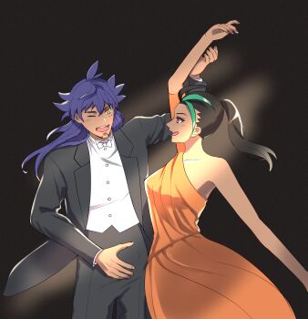 Rule 34 | 1boy, 1girl, :d, ;d, alternate costume, arm up, black hair, black jacket, black pants, bow, bowtie, buttons, collarbone, commentary request, dancing, dress, eyelashes, facial hair, green hair, haniwa (hnw), happy, highres, jacket, leon (pokemon), long hair, long sleeves, multicolored hair, nemona (pokemon), nintendo, one eye closed, open clothes, open jacket, open mouth, orange dress, orange eyes, pants, pokemon, pokemon sv, pokemon swsh, ponytail, purple hair, shirt, single sleeve, smile, teeth, tongue, two-tone hair, upper teeth only, white bow, white bowtie, white shirt, yellow eyes