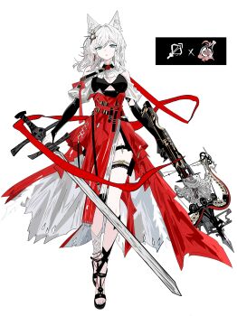 1girl 218_(niiya) absurdres animal_ears arknights ascot asymmetrical_dual_wielding black_bra black_gloves black_shoes blue_eyes bow_(weapon) bra breasts commentary_request cosplay detached_sleeves dual_wielding faust_(project_moon) flower full_body gloves hair_ornament hairclip highres holding holding_bow_(weapon) holding_sword holding_weapon limbus_company looking_at_viewer multiple_weapons pozyomka_(arknights) pozyomka_(arknights)_(cosplay) project_moon puffy_short_sleeves puffy_sleeves red_flower red_rose red_skirt rose shoes short_hair short_sleeves simple_background skirt solo standing straight-on sword underwear weapon white_ascot white_background white_hair wolf_ears
