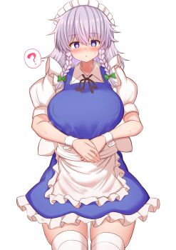 1girl :o ? apron black_ribbon blue_dress blue_eyes blush braid braided_sidelock breasts breath commentary_request cowboy_shot dress frilled_apron frills grey_hair heart heart-shaped_pupils highres izayoi_sakuya large_breasts looking_at_viewer maid maid_apron maid_headdress medium_hair neck_ribbon nose_blush own_hands_together partial_commentary puffy_short_sleeves puffy_sleeves ribbon short_sleeves solo spoken_question_mark sweatdrop symbol-shaped_pupils thighhighs tksand touhou waist_apron white_apron white_thighhighs wrist_cuffs