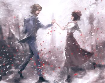 1boy 1girl beard black_hair black_shoes blue_suit brown_hair clair_obscur:_expedition_33 commentary_request facial_hair falling_petals formal_clothes grey_background gustave_(clair_obscur:_expedition_33) hat high-waist_skirt highres holding_hands long_skirt mustache nira_(nira_box) pantyhose petals red_hat red_skirt shirt shoes short_hair skirt sophie_(clair_obscur:_expedition_33) suit white_shirt