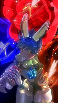 1boy absurdres android animal_ears blue_fire blue_flower blue_hair cape character_request closed_mouth copyright_request creature dark-skinned_male dark_skin eyelashes fake_animal_ears fire flower gloves highres holding holding_instrument holding_trumpet humanoid_robot instrument joints looking_at_viewer male_focus mau_sakura mechanical_arms mechanical_legs metal_skin music playing_instrument rabbit_ears red_flower robot robot_boy robot_ears robot_joints short_hair smile solo sparkle star_(sky) tail trumpet wings yellow_eyes