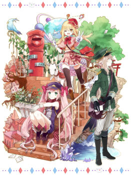 Rule 34 | 2girls, ;d, androgynous, animal ears, black footwear, black gloves, black legwear, blonde hair, blue eyes, boots, brown footwear, closed mouth, envelope, fantasy, gloves, green eyes, hat, knee boots, legs together, long hair, looking at viewer, looking to the side, mailbox, mailman, multiple girls, one eye closed, open mouth, original, pants, pink hair, pinstripe pattern, pouch, shirako miso, sidelocks, sitting, smile, stairs, standing, striped clothes, striped pants, swept bangs, thighhighs, twintails, v, vertical-striped clothes, vertical-striped pants, very long hair, white gloves, zettai ryouiki