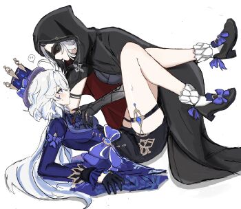 Rule 34 | 2girls, 92837lan, arlecchino (genshin impact), black cloak, black gloves, black shoes, blue hair, blue hat, blue jacket, cloak, commentary, flying sweatdrops, furina (genshin impact), garter straps, genshin impact, gloves, hashtag-only commentary, hat, high heels, highres, hood, hood up, hooded cloak, jacket, mask, multiple girls, ponytail, shoes, spoken flying sweatdrops, white background, white hair, yuri