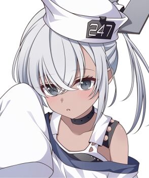 Rule 34 | 1girl, black choker, black eyes, choker, commentary, crossed bangs, dace (kancolle), dress, english commentary, hair between eyes, hat, headgear, hikobae, kantai collection, looking at viewer, off shoulder, one-piece swimsuit, parted lips, simple background, sleeves past fingers, sleeves past wrists, solo, swimsuit, swimsuit under clothes, upper body, white background, white dress, white hat