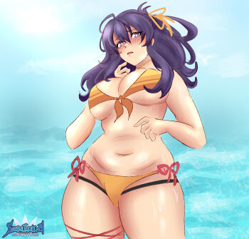 Rule 34 | 1girl, absurdres, ao no kiseki, artist logo, bikini, blue sky, breasts, cleavage, commentary, commission, double-parted bangs, eiyuu densetsu, english commentary, front-tie bikini top, front-tie top, hair between eyes, hair rings, highres, large breasts, logo, long hair, navel, ocean, plump, purple eyes, purple hair, rixia mao, seralalaaa, side-tie bikini bottom, sky, solo, stomach, swimsuit, yellow bikini, zero no kiseki