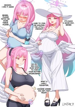 Rule 34 | 1girl, big belly, black sports bra, blue archive, blue hair, blue halo, breasts, closed eyes, commentary, dress, english commentary, english text, gradient hair, halo, hands on own stomach, hat, highres, large breasts, linear 71, long hair, mika (blue archive), multicolored hair, multiple views, open mouth, pink hair, pink halo, pregnancy halo, pregnant, sitting, sleeveless, sleeveless dress, smile, sports bra, standing, very long hair, white background, white dress, white hat, white wings, wings, yellow eyes