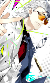 coin formal_clothes gold_coin hair_slicked_back highres kurosakiinu mullet necktie red_necktie smug snapping_fingers suit tinted_eyewear to_be_hero to_be_hero_x vest white_suit white_vest x_(symbol) x_(to_be_hero_x) x_ornament yellow-tinted_eyewear