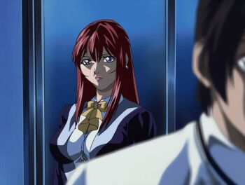 00s 1boy 1girl 2002 age_difference animated animated_gif anime_screenshot bible_black bible_black_night_of_the_walpulgiss bow jacket lipstick long_hair makeup mature_female minase_taki older_female_and_younger_male purple_eyes purple_jacket red_hair shirt stabed tagme takashiro_hiroko teacher teacher_and_student white_shirt yellow_bow