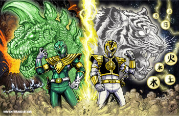 2boys arm_guards arm_up armor artist_name belt bodysuit clenched_hand dagger dino_buckler dragon dragon_caesar dragon_ranger dragonzord gloves glowing gold_armor gold_trim gosei_sentai_dairanger green_bodysuit hand_up helmet kiba_ranger knife kyouryuu_sentai_zyuranger lightning male_focus matt_frank mecha mighty_morphin_green_ranger mighty_morphin_power_rangers mighty_morphin_white_ranger multiple_boys open_hand power_rangers retro_artstyle robot science_fiction shoulder_armor super_sentai sword tiger tokusatsu tommy_oliver weapon white_bodysuit white_tigerzord