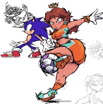 Rule 34 | 2boys, 3girls, ass, ball, brown hair, capcom, chinese clothes, chun-li, crossover, crown, darkstalkers, dated, demon girl, double bun, feet, freckles, gloves, hair bun, highres, kicking, legs, lilith (darkstalkers), mario (series), mario strikers (series), midriff, multiple boys, multiple girls, nintendo, princess, princess daisy, serious, short hair, smile, soccer, soccer ball, soccer uniform, sonic (series), sonic the hedgehog, sportswear, street fighter, super mario strikers, thighs, white eyes
