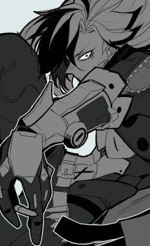 Rule 34 | abs, absurdres, belt, belt buckle, boothill (honkai: star rail), buckle, closed mouth, cropped jacket, cyborg, greyscale, highres, honkai: star rail, honkai (series), jacket, long hair, looking to the side, midriff, mole, mole under eye, monochrome, mrsw0911, multicolored hair, pants, parted hair, shell casing, simple background, two-tone hair, unzipped, white background, wide-eyed, zipper