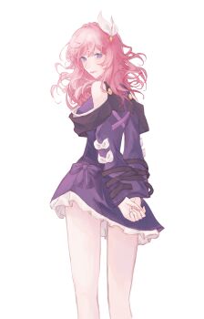 1girl absurdres blue_eyes coat cyrene_(aedes_elysiae)_(honkai:_star_rail) cyrene_(honkai:_star_rail) hair_ornament hashtag-only_commentary highres honkai:_star_rail honkai_(series) looking_at_viewer looking_back medium_hair pink_hair purple_coat simple_background solo white_background yuxiiqn