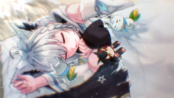 1girl ahoge animal_ear_fluff animal_ear_piercing animal_ears asymmetrical_legwear between_legs black_boots black_thighhighs boots braid commentary_request detached_sleeves fox_ears fox_girl fox_tail highres hololive illust_nemu long_hair long_sleeves lying open_mouth pentagram shirakami_fubuki shirakami_fubuki_(1st_costume) simple_background sleeping solo tail tail_between_legs thighhighs virtual_youtuber white_background white_hair wide_sleeves