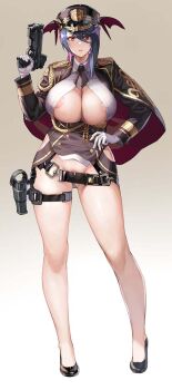 Rule 34 | >:(, 1girl, aiguillette, areola slip, ascot, asymmetrical hair, belt, black ascot, black capelet, black hair, black hat, black jacket, black shoes, breasts, brown background, button gap, capelet, cleavage, clothing cutout, commentary request, convenient censoring, curvy, epaulettes, framed breasts, full body, gloves, gluteal fold, gold buttons, gold trim, gradient background, gun, hair between eyes, hand on own hip, handgun, hat, high heels, highres, hip vent, holding, holding gun, holding weapon, holster, huge breasts, jacket, large areolae, long legs, long sleeves, looking at viewer, medium hair, military hat, military uniform, multicolored hair, narrow waist, nishii (damnedrive), no bra, open clothes, open jacket, open shirt, original, pink hair, police, police uniform, policewoman, pumps, pussy, pussy peek, red capelet, red eyes, revealing clothes, shirt, shoes, simple background, skindentation, solo, standing, straight-on, tachi-e, thigh holster, thigh strap, trigger discipline, two-sided capelet, two-tone hair, underbust, v-shaped eyebrows, weapon, white gloves, white shirt, wide hips