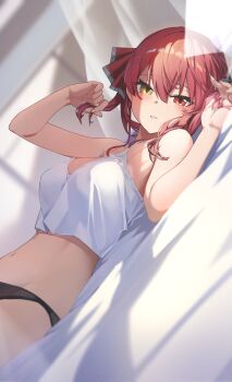 1girl absurdres bare_shoulders black_panties blush breasts camisole fingernails hair_between_eyes hair_ribbon hand_in_own_hair hand_up heterochromia highres hololive houshou_marine indoors large_breasts looking_at_viewer lying midriff navel on_bed panties parted_lips pov_across_bed red_eyes red_hair reulem ribbon see-through_clothes see-through_shirt shirt solo stomach underwear underwear_only upper_body virtual_youtuber white_camisole yellow_eyes