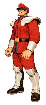 Rule 34 | 1boy, absurdres, belt, black boots, boots, capcom vs. snk 2, clenched hands, evil grin, evil smile, facing viewer, full body, game cg, grin, hat, highres, knee pads, m. bison, male focus, mori toshiaki, muscular, muscular male, non-web source, official art, peaked cap, shoulder pads, simple background, smile, solo, street fighter, teeth, upturned eyes, veins, veiny hands, white background