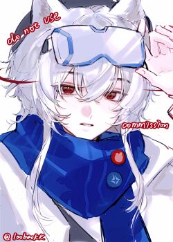 1girl animal_ears artist_name black_hat blue_scarf cat_ears cat_girl goggles goggles_on_head hair_between_eyes hat highres long_hair loobookk looking_at_viewer original parted_lips portrait red_eyes scarf shirt simple_background solo watermark white_background white_hair white_shirt