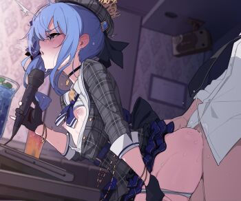 1boy 1girl bent_over black_gloves blue_eyes blue_hair blush breasts breasts_out choker clothed_sex gloves grey_jacket hetero highres hololive hoshimachi_suisei hoshimachi_suisei_(1st_costume) jacket kakure_eria karaoke loli long_sleeves medium_hair microphone music necktie nipples open_clothes open_jacket open_mouth partially_fingerless_gloves plaid_clothes plaid_jacket sex sex_from_behind side_ponytail sidelocks singing small_breasts virtual_youtuber wince