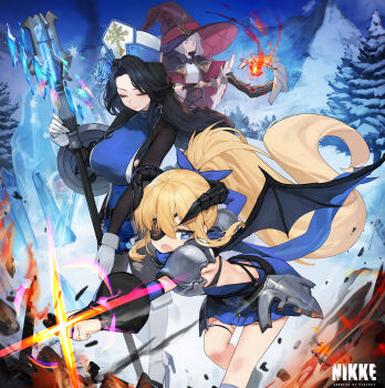 3girls absurdres arm_shield blue_eyes blue_tabard bodystocking bodysuit boobplate braid braided_ponytail breastplate brown_bodysuit chuunibyou closed_eyes commentary cross cross_earrings dragon_wings earrings extrinsic_(nikke) eyepatch fire forest gloves goddess_of_victory:_nikke guillotine_(nikke) guillotine_(winter_slayer)_(nikke) hat highres hip_armor holding holding_mace holding_weapon ice ice_flower jewelry logo mace magic maiden_(ice_rose)_(nikke) maiden_(nikke) mitre multiple_girls nature oversized_hat print_eyepatch romana see-through_bodystocking tabard torn_bodystocking torn_clothes tunic_lift vesti_(ark_mage)_(nikke) vesti_(nikke) weapon wings winter you_shall_not_pass