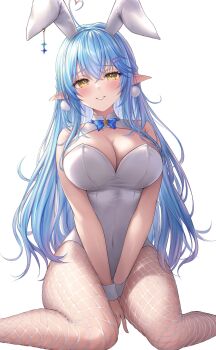 1girl ahoge bare_shoulders blue_hair blush breasts cleavage earrings elf feet_out_of_frame fishnet_pantyhose fishnets heart heart_ahoge highres hololive jewelry large_breasts leotard mirukurim pantyhose parted_lips pointy_ears simple_background sitting smile solo strapless strapless_leotard virtual_youtuber white_background white_leotard yellow_eyes yukihana_lamy