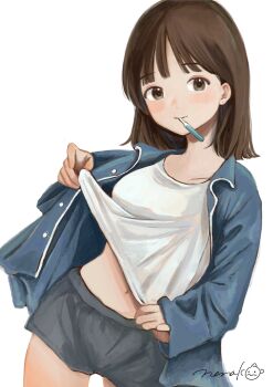 1girl black_shorts blue_shirt brown_hair choppy_bangs clothes_lift cowboy_shot grey_eyes hashtag-only_commentary highres lifting_own_clothes long_sleeves looking_at_viewer medium_hair micro_shorts navel nena_labo open_clothes open_shirt original shirt shirt_lift shorts signature simple_background solo standing thermometer_in_mouth unbuttoned white_background white_shirt