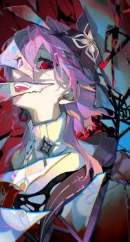 1girl black_flower breasts buttons collar crack crystal dual_persona earrings evernight_(honkai:_star_rail) flower hair_flower hair_ornament hairclip highres honkai:_star_rail honkai_(series) jewelry march_7th_(honkai:_star_rail) march_7th_(preservation)_(honkai:_star_rail) merah_drow multicolored_eyes parallel_hairclips pink_hair red_hair shards single_earring teeth two-tone_eyes upper_body upper_teeth_only white_collar