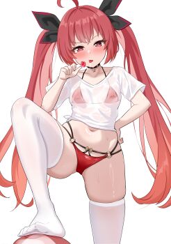 1girl absurdres ahoge azur_lane bikini black_choker black_ribbon blush breasts candy choker commentary_request date_a_live food hair_ribbon hand_on_own_hip hci+ highres holding holding_candy holding_food holding_lollipop itsuka_kotori itsuka_kotori_(waterside_goddess) knee_up lollipop long_hair looking_at_viewer micro_bikini multi-strapped_bikini_bottom navel o-ring o-ring_bottom official_alternate_costume petite red_bikini red_eyes red_hair ribbon saliva saliva_trail see-through_clothes see-through_shirt shirt simple_background skindentation small_breasts solo stomach swimsuit thighhighs tied_shirt tongue tongue_out twintails white_background white_shirt white_thighhighs