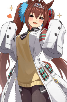 1girl agnes_tachyon_(tach-nology)_(umamusume) agnes_tachyon_(umamusume) agnes_tachyon_(umamusume)_(cosplay) animal_ears antenna_hair black_necktie black_pantyhose blush breasts brown_hair cardigan coat commentary_request cosplay daiwa_scarlet_(umamusume) duplicate hair_intakes hair_ornament heart highres horse_ears horse_girl horse_tail large_breasts long_hair looking_at_viewer necktie open_clothes open_coat open_mouth pantyhose pixel-perfect_duplicate red_eyes seiji_(artman) simple_background sleeves_past_fingers sleeves_past_wrists smile solo sparkle sparkling_aura tail test_tube tiara umamusume very_long_hair white_background white_coat yellow_cardigan