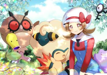 1girl bellsprout bow brown_eyes brown_hair character_request check_character closed_mouth commentary_request commission cyndaquil day ditto gen_1_pokemon gen_2_pokemon hat hat_bow highres hoothoot kou_hiyoyo lyra_(pokemon) mareep nintendo outdoors overalls pixiv_commission pokemon pokemon_(creature) red_bow red_shirt shirt smile twintails unown